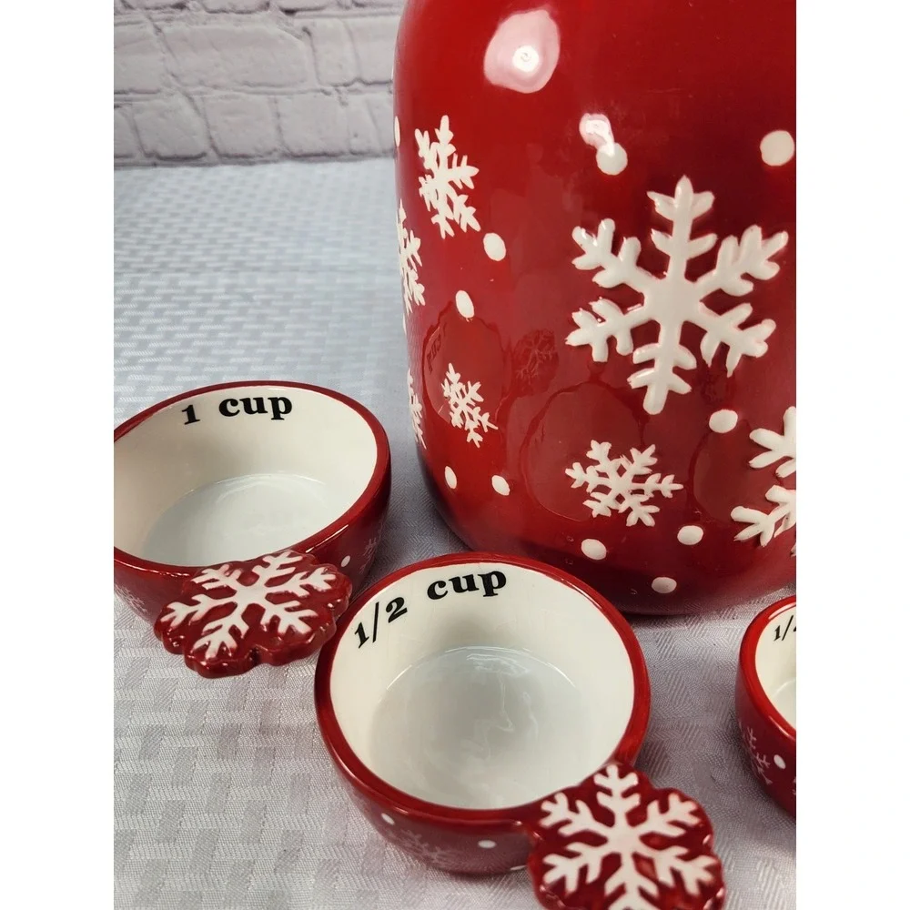 Red & White Snowflake‎ Cookie Jar + Matching Measuring Cups